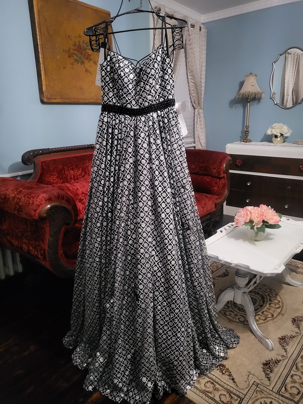 NWT Mac Duggal Geometric Sequin A-Line Gown Black Silver Dress Size 0